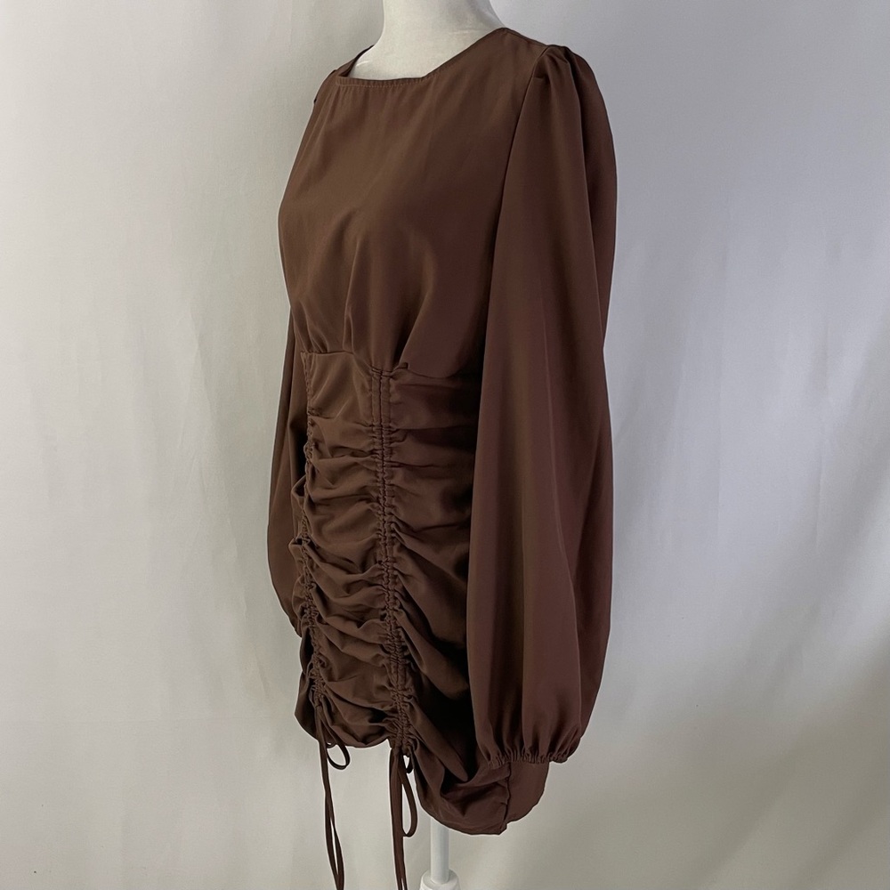 Pretty Little Thing Ruched Long Sleeve Bodycon Mini Dress Chocolate Brown Size 6 - Picture 8 of 16